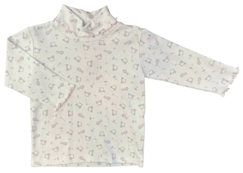 NEW LUIGI KIDS girls golf print lettuce edge turtleneck top in white/pink